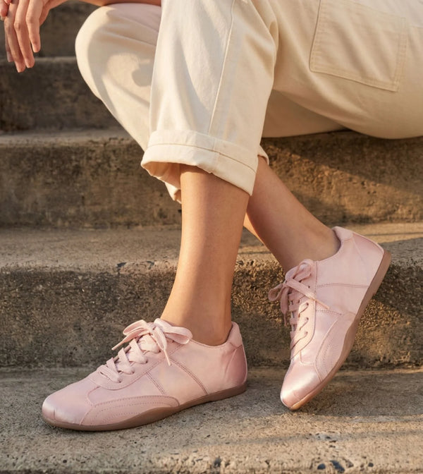 DRIFT ribbon lace-up sneakers for women in candy pink, worn on foot
