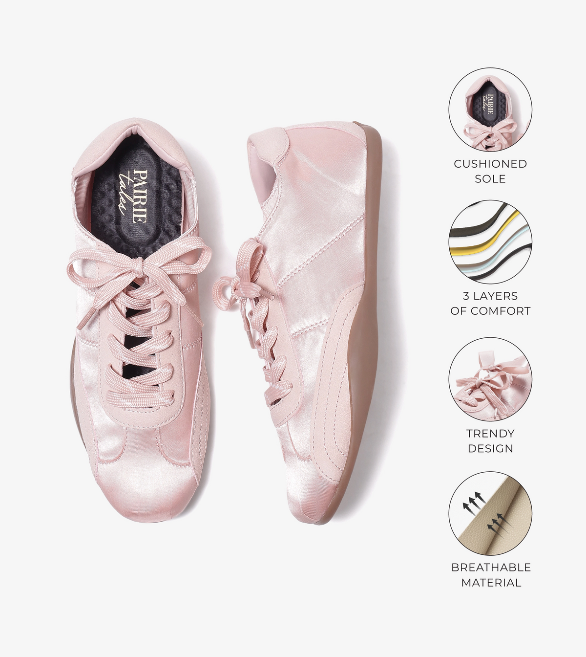 DRIFT ribbon lace-up sneakers for women in candy pink, top view with feature callouts