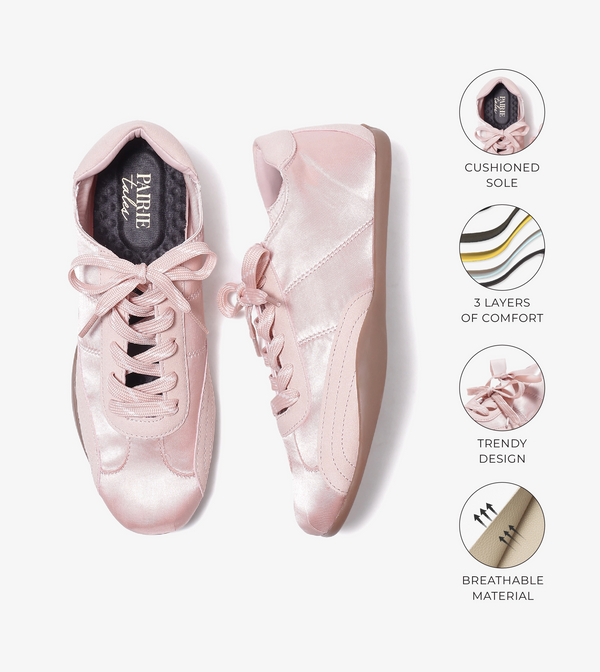 DRIFT ribbon lace-up sneakers for women in candy pink, top view with feature callouts