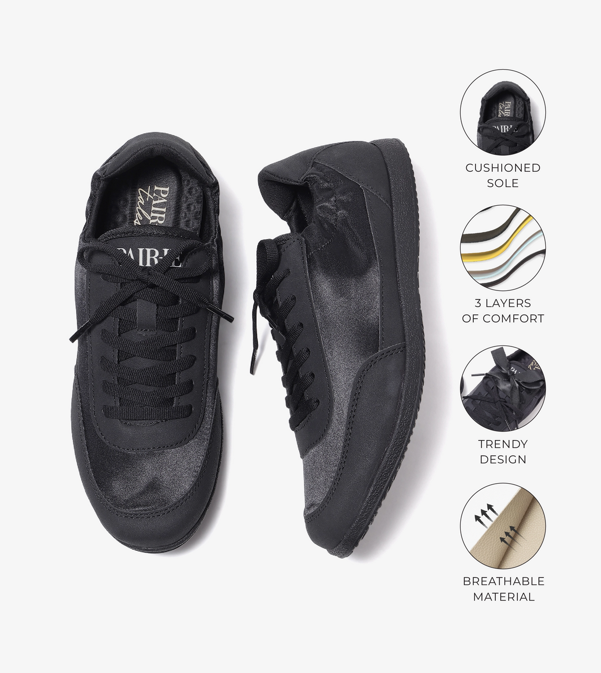 RUSH slim lace-up sneakers for women in onyx black, top view with feature callouts