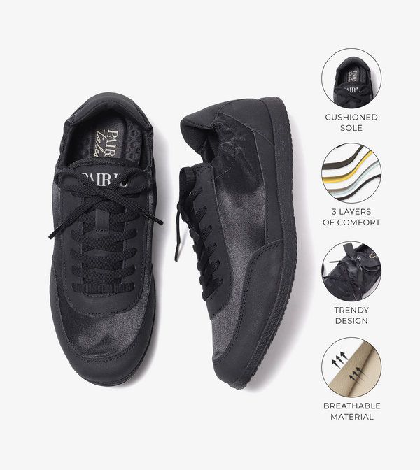 RUSH slim lace-up sneakers for women in onyx black, top view with feature callouts