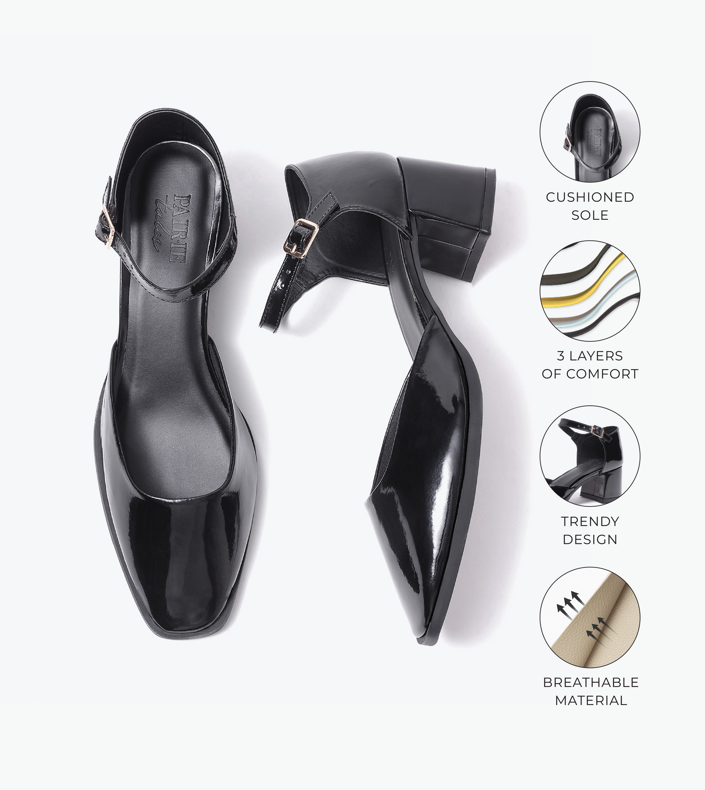 Patent Ankle Strap Block Heels - Black