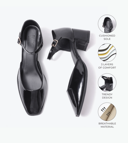 Patent Ankle Strap Block Heels - Black