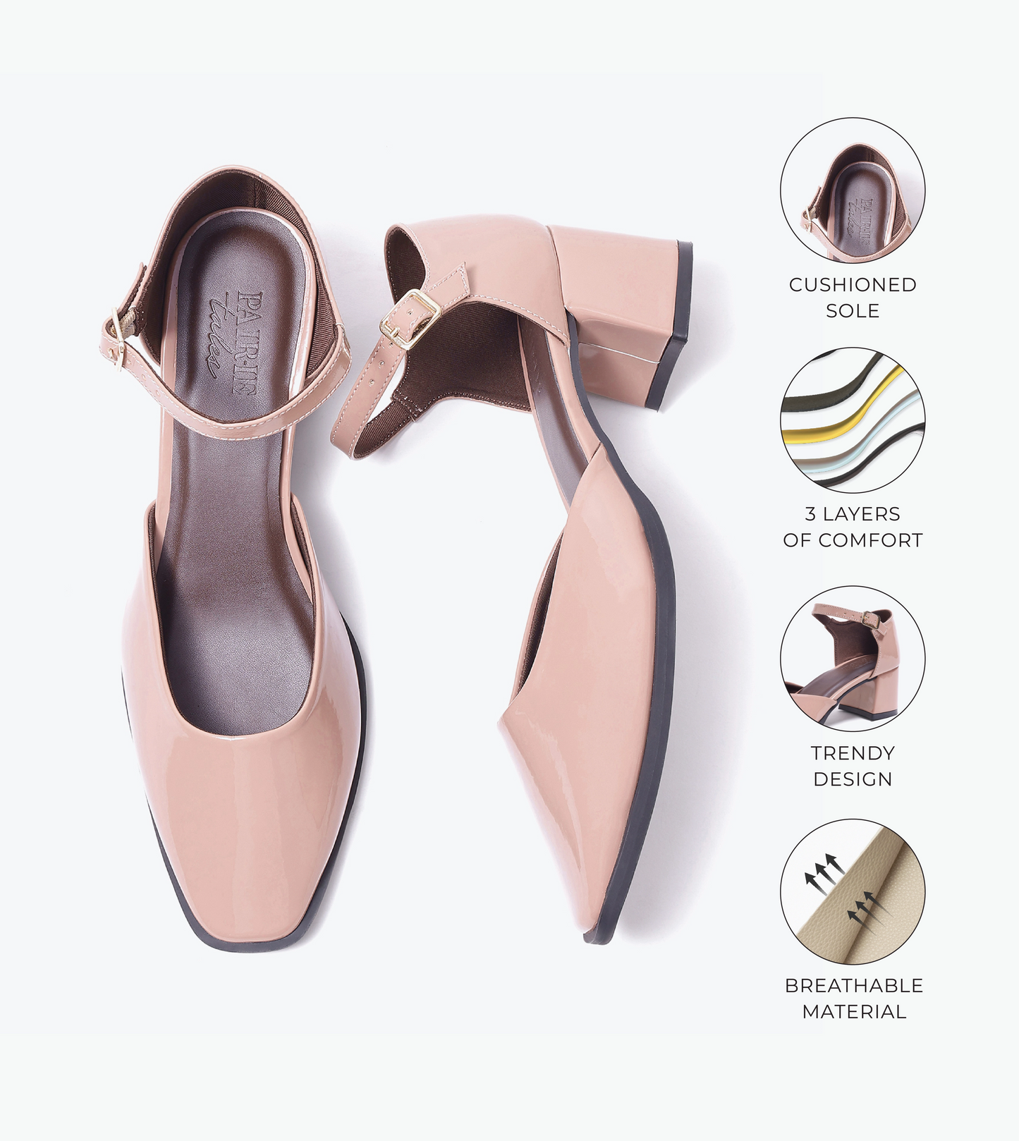Patent Ankle Strap Block Heels - Nude