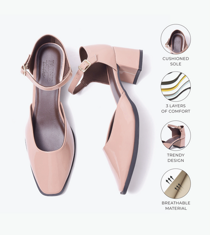 Patent Ankle Strap Block Heels - Nude