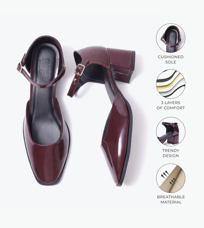 Patent Ankle Strap Block Heels - Wine