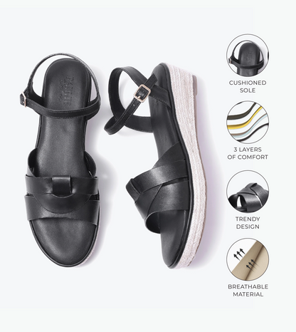 Double-Band Slide Wedges Ankle Strap - Black