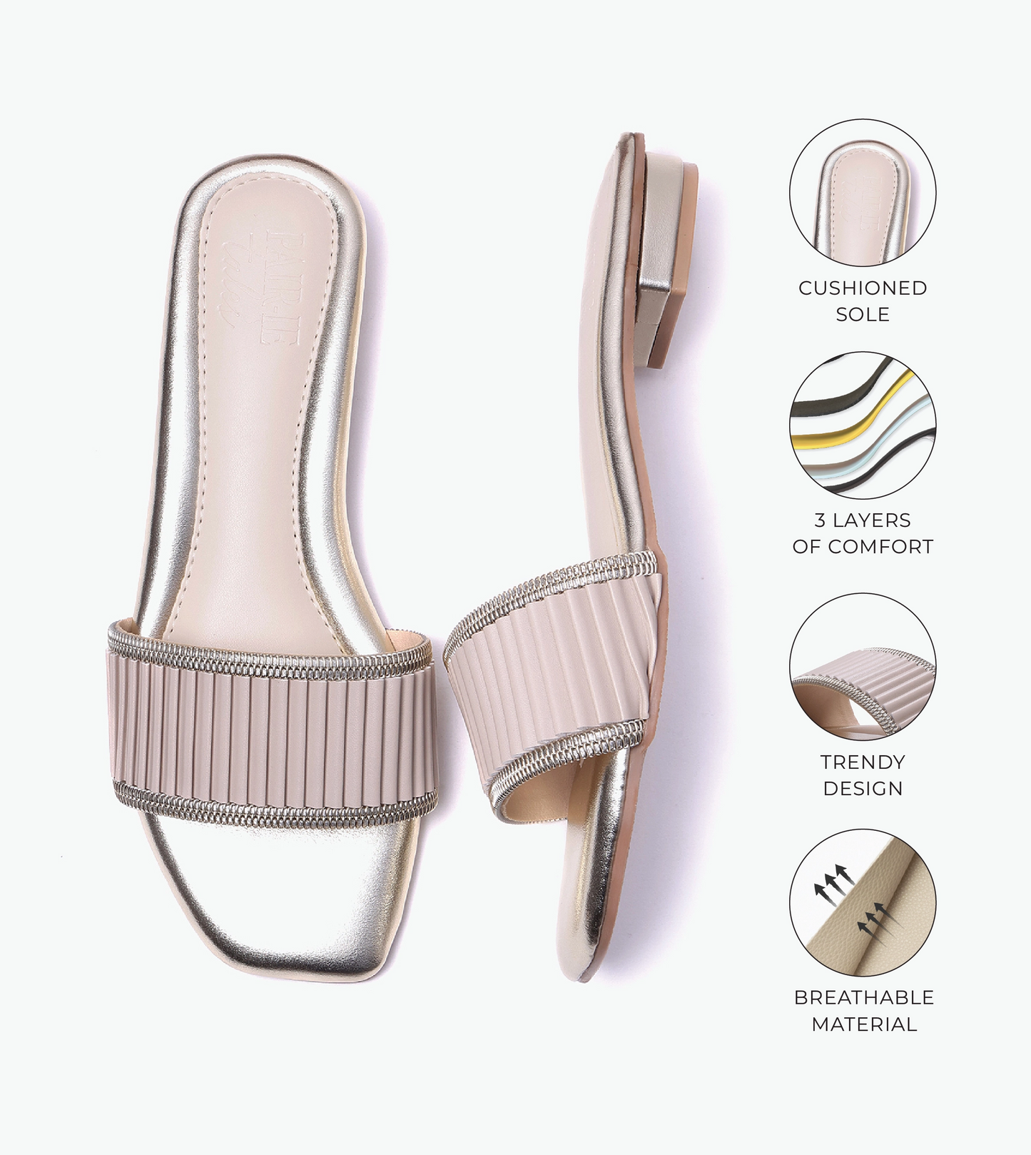 Elegant Pleated Edge Slide Flats - Beige