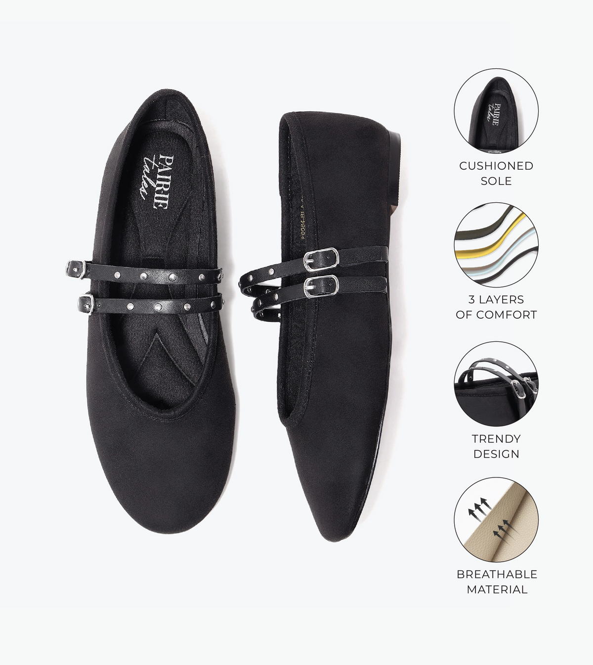 Studded Double-Strap Mary Janes - Black