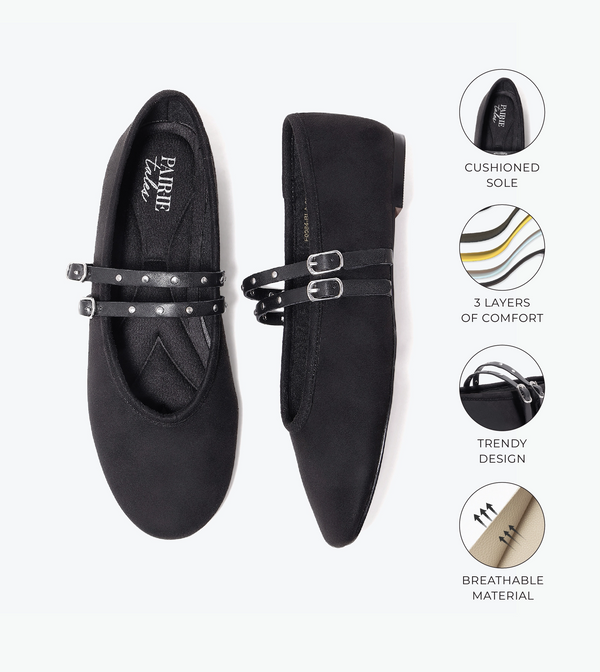 Studded Double-Strap Mary Janes - Black