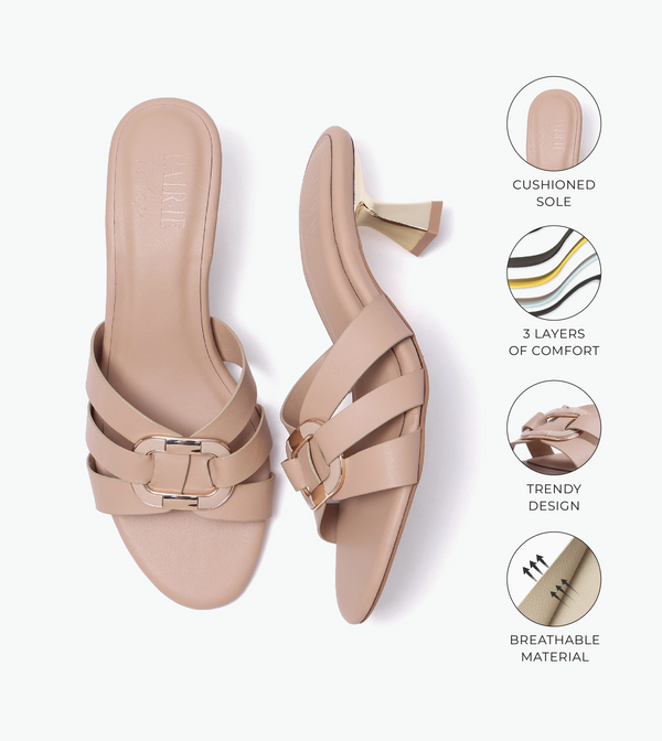 Golden Buckle Statement Heels - Beige