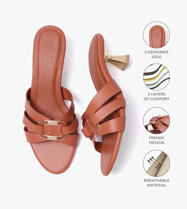 Golden Buckle Statement Heels - Tan