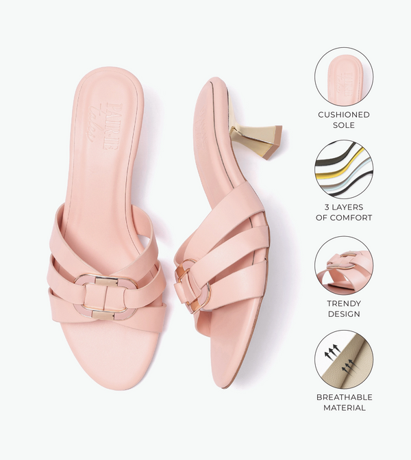 Golden Buckle Statement Heels - Peach