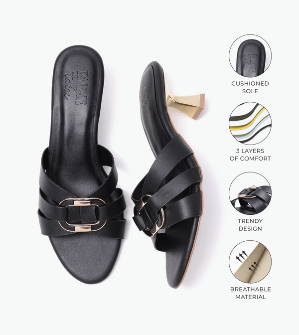 Golden Buckle Statement Heels - Black