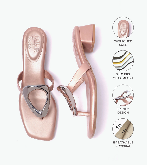 Metallic Accent T-Strap Block Heel -Peach