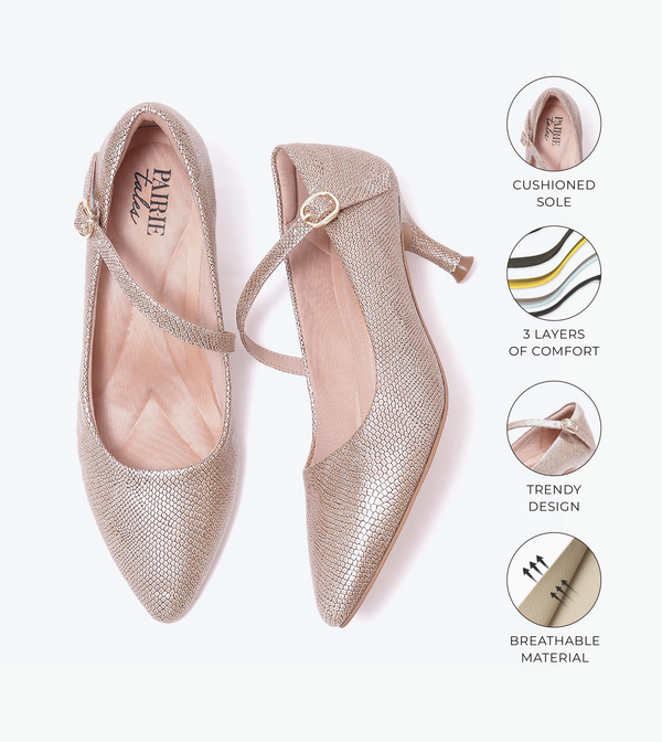 Textured Pointed-Toe Mary Jane Pumps - Golden
