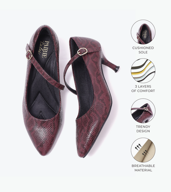 Textured Pointed-Toe Mary Jane Pumps - Mauve