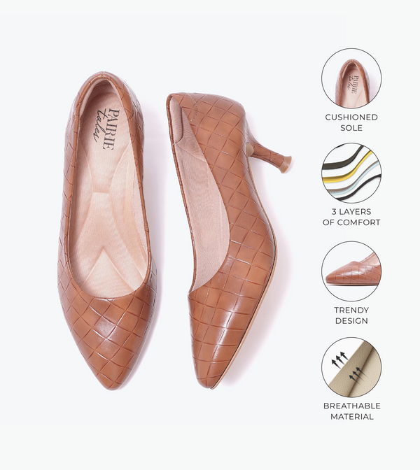 Textured Pointed Toe Pumps - Camel