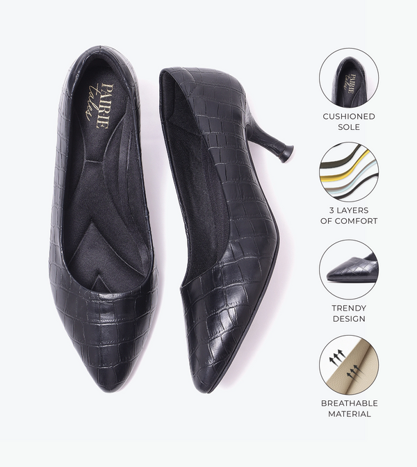 Textured Pointed Toe Pumps - Black