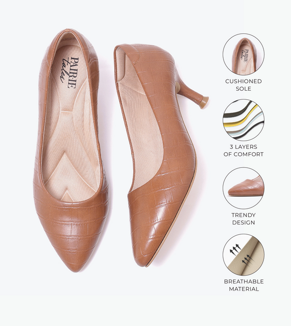 Textured Pointed Toe Pumps - Tan