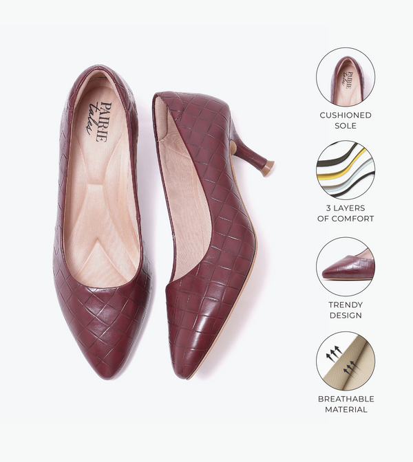 Textured Pointed Toe Pumps - Wine