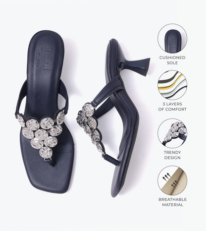 Embellished T-Strap Statement Heels - Indigo Blue