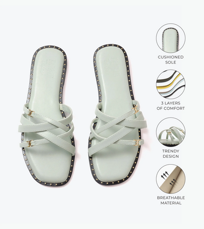 Multi-Strap Flats with Gold Accent - Light Green