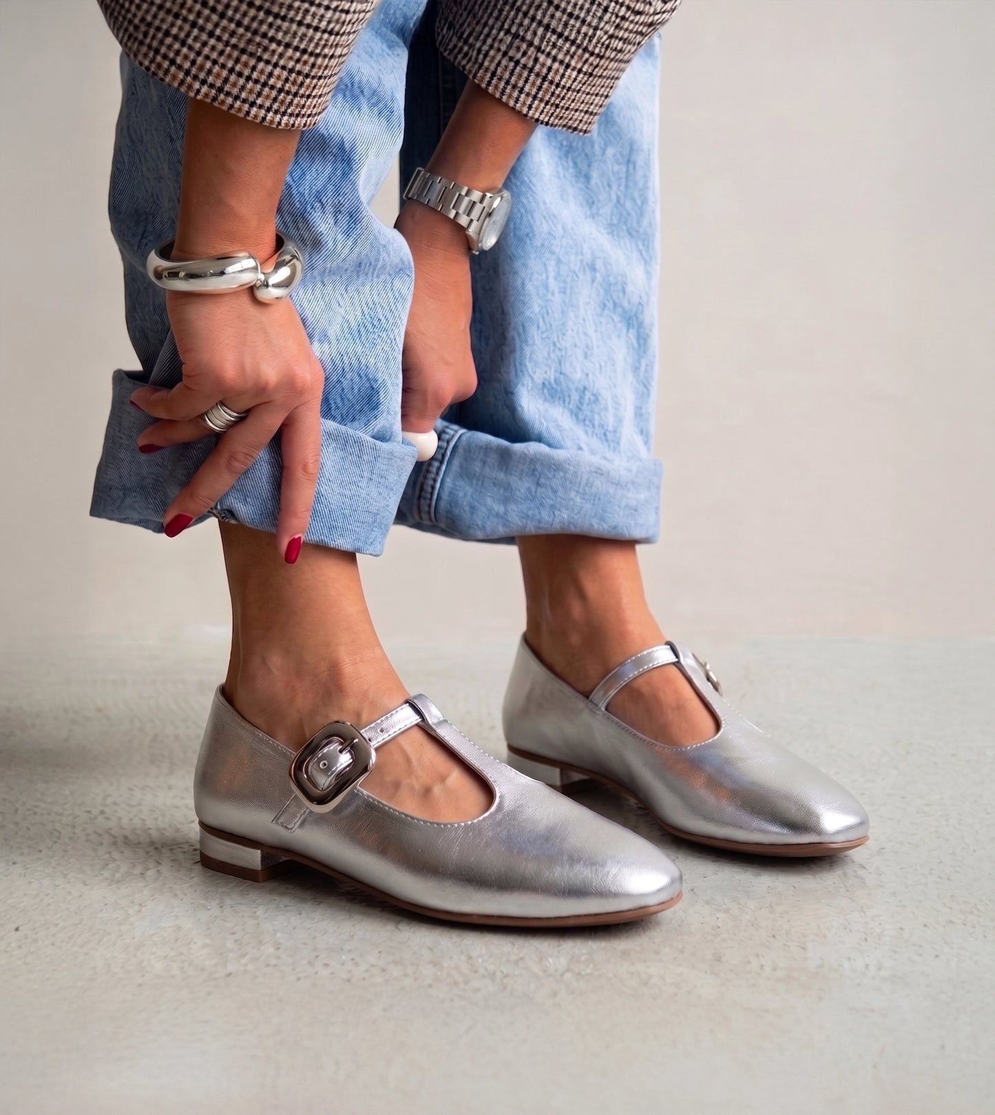 Classic Buckled Strap Mary Jane Flats - Silver
