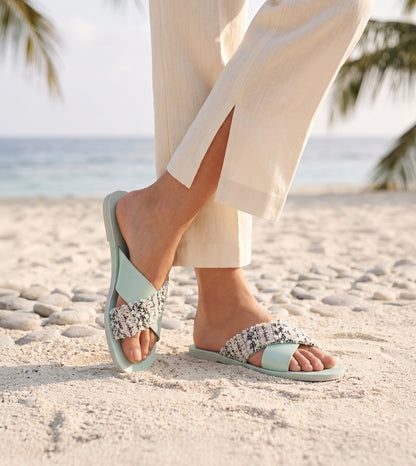 Textured Cross-Strap Flats Slides - Light Green