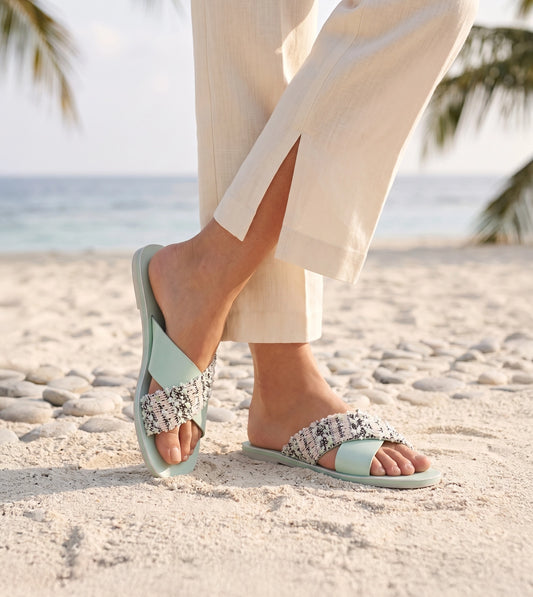 Textured Cross-Strap Flats Slides - Light Green