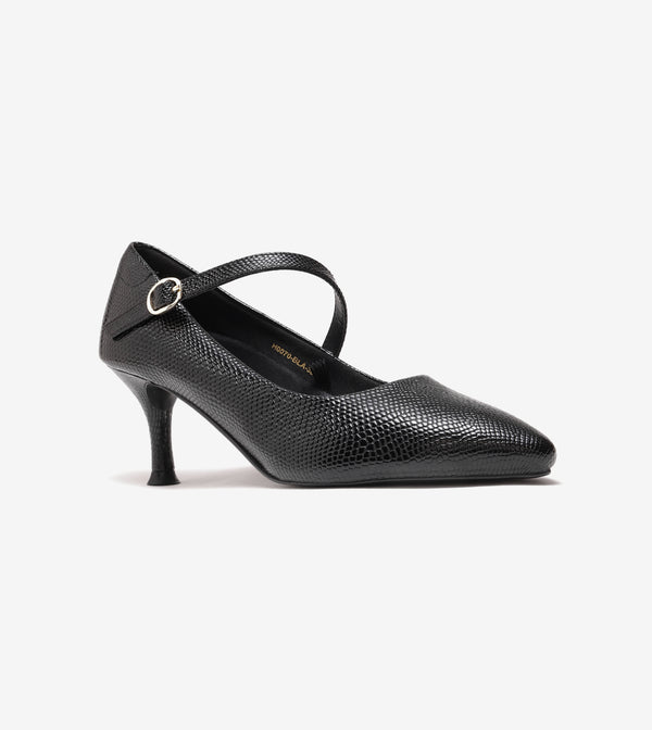 Textured Pointed-Toe Mary Jane Pumps - Black