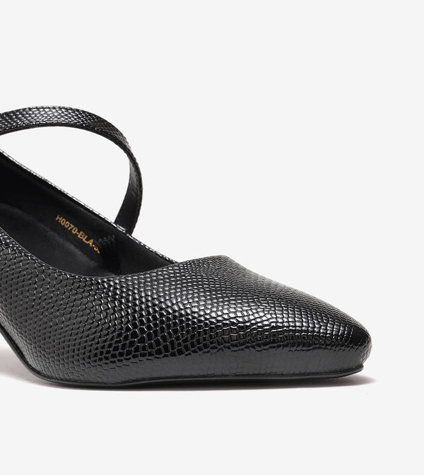 Textured Pointed-Toe Mary Jane Pumps - Black