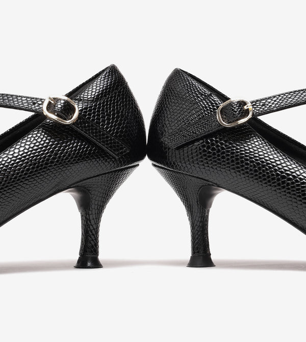Textured Pointed-Toe Mary Jane Pumps - Black