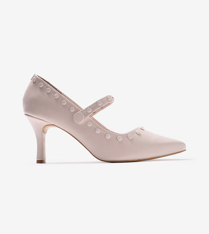 Pointed Toe Studded Mary Jane Pumps - Cream