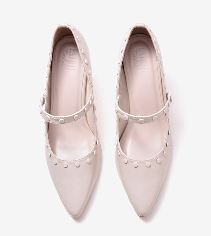 Pointed Toe Studded Mary Jane Pumps - Cream