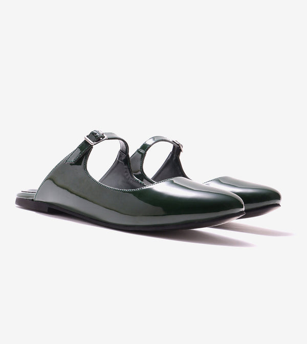 Patent Mules Flats - Dark Green