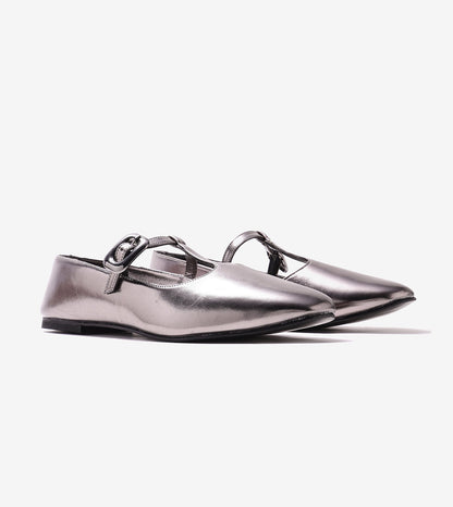 T-Strap Metallic Mary Janes Flats - Gunmetal