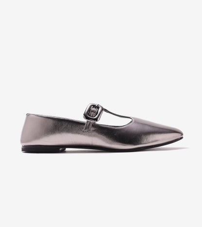 T-Strap Metallic Mary Janes Flats - Gunmetal