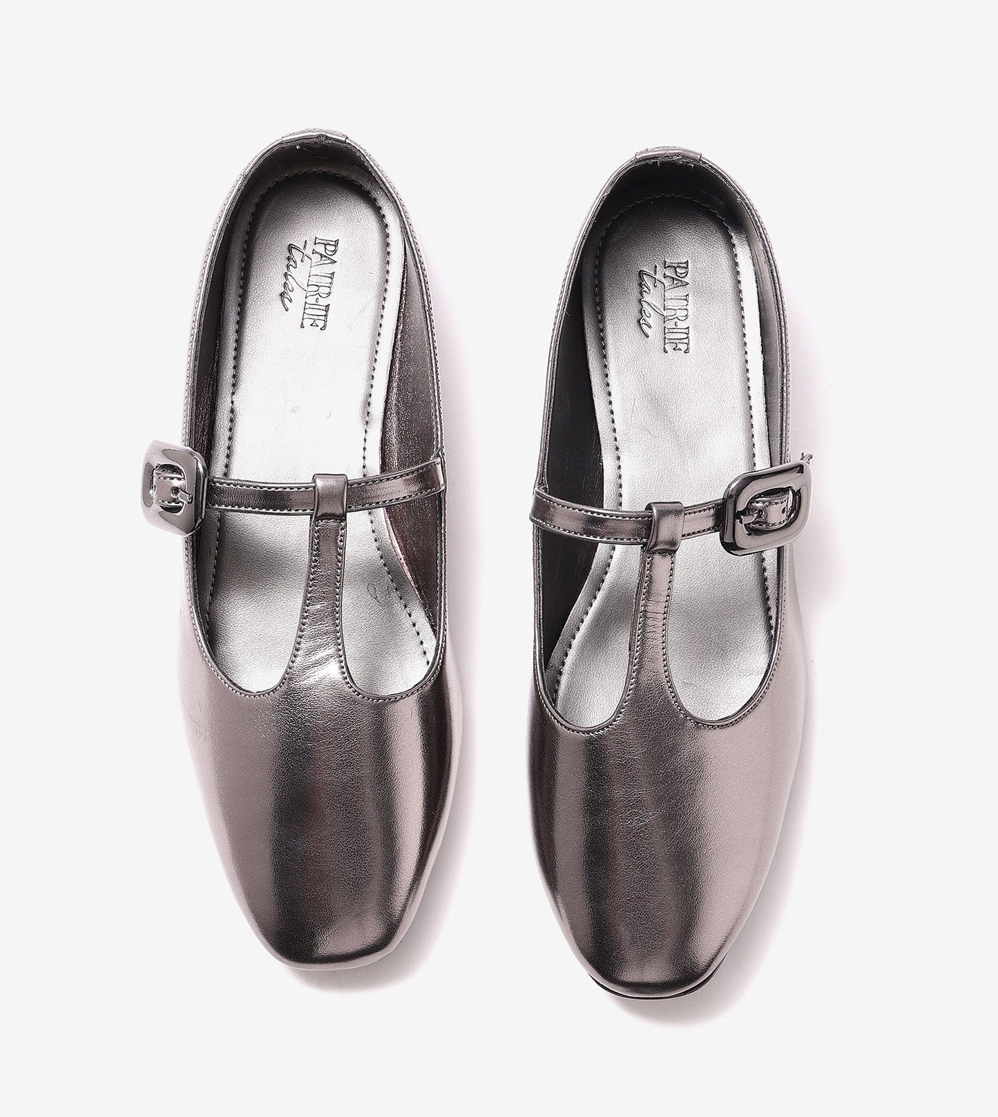 T-Strap Metallic Mary Janes Flats - Gunmetal