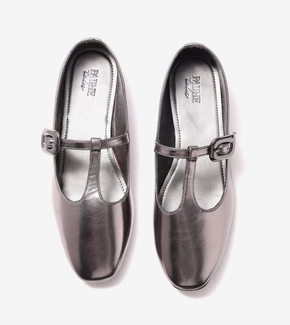 T-Strap Metallic Mary Janes Flats - Gunmetal