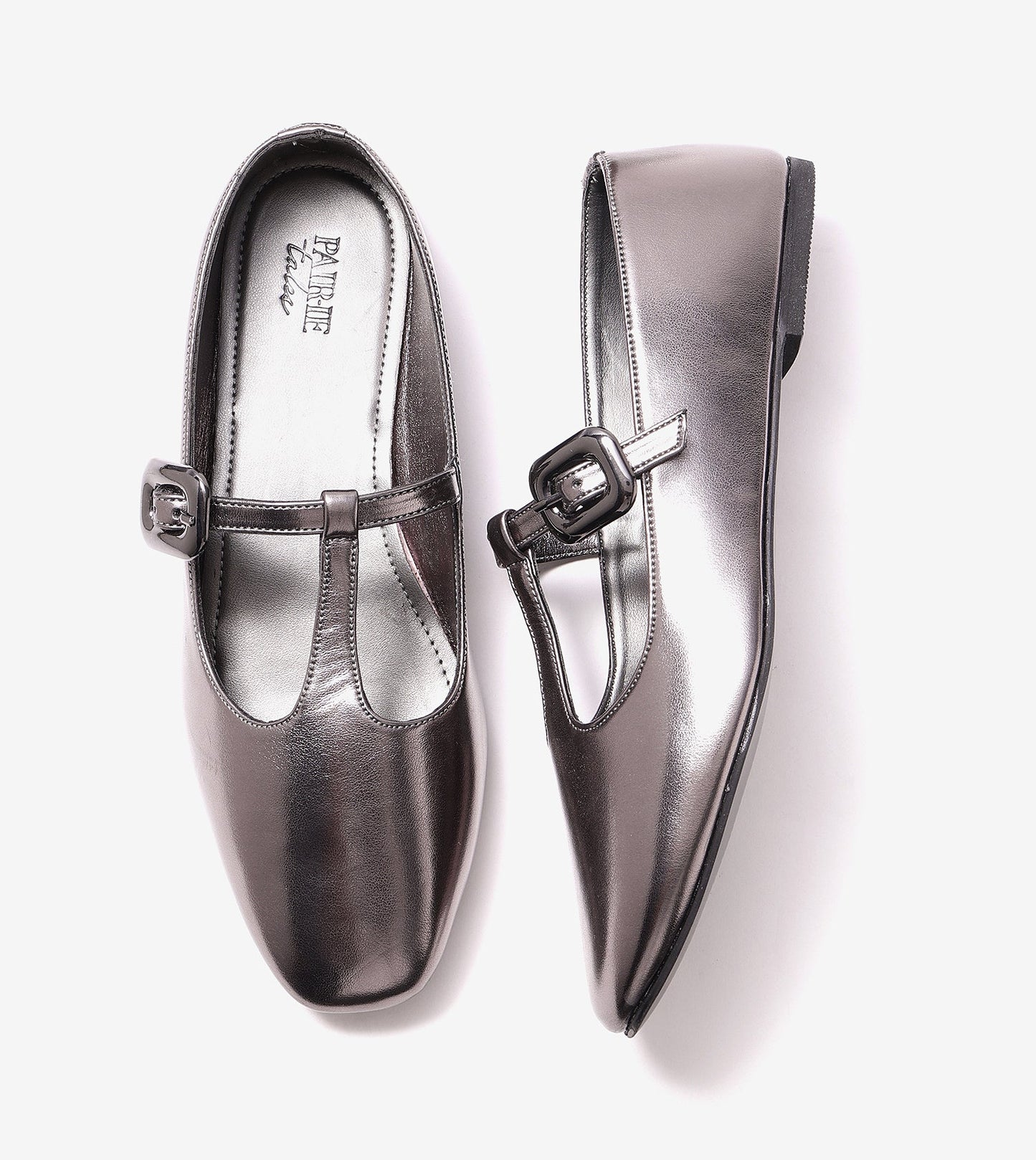 T-Strap Metallic Mary Janes Flats - Gunmetal