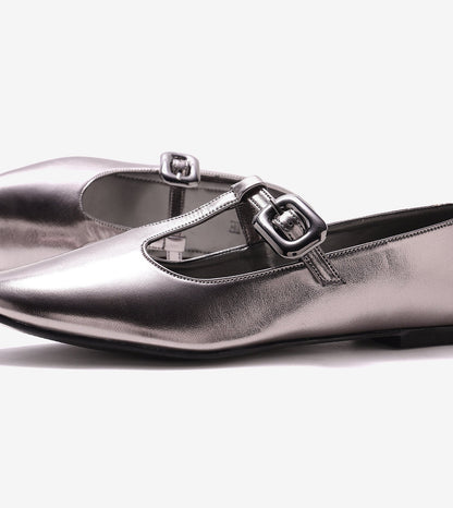T-Strap Metallic Mary Janes Flats - Gunmetal