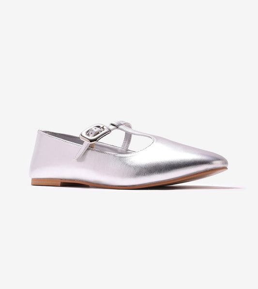 T-Strap Metallic Mary Janes Flats - Silver