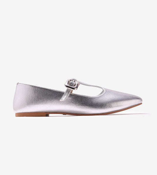 T-Strap Metallic Mary Janes Flats - Silver