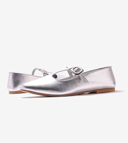 T-Strap Metallic Mary Janes Flats - Silver