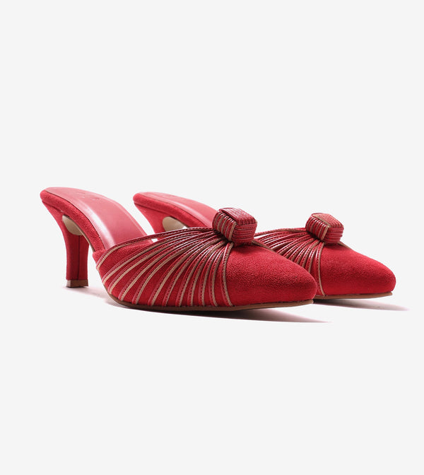 Suede Knotted Stiletto Mules - Red