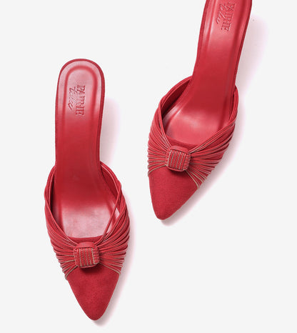 Knotted Pointed Toe Suede Heels - Red