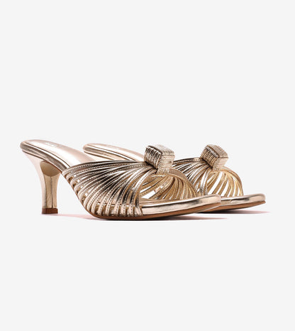 Knotted Strap Stiletto Mule Heels - Gold