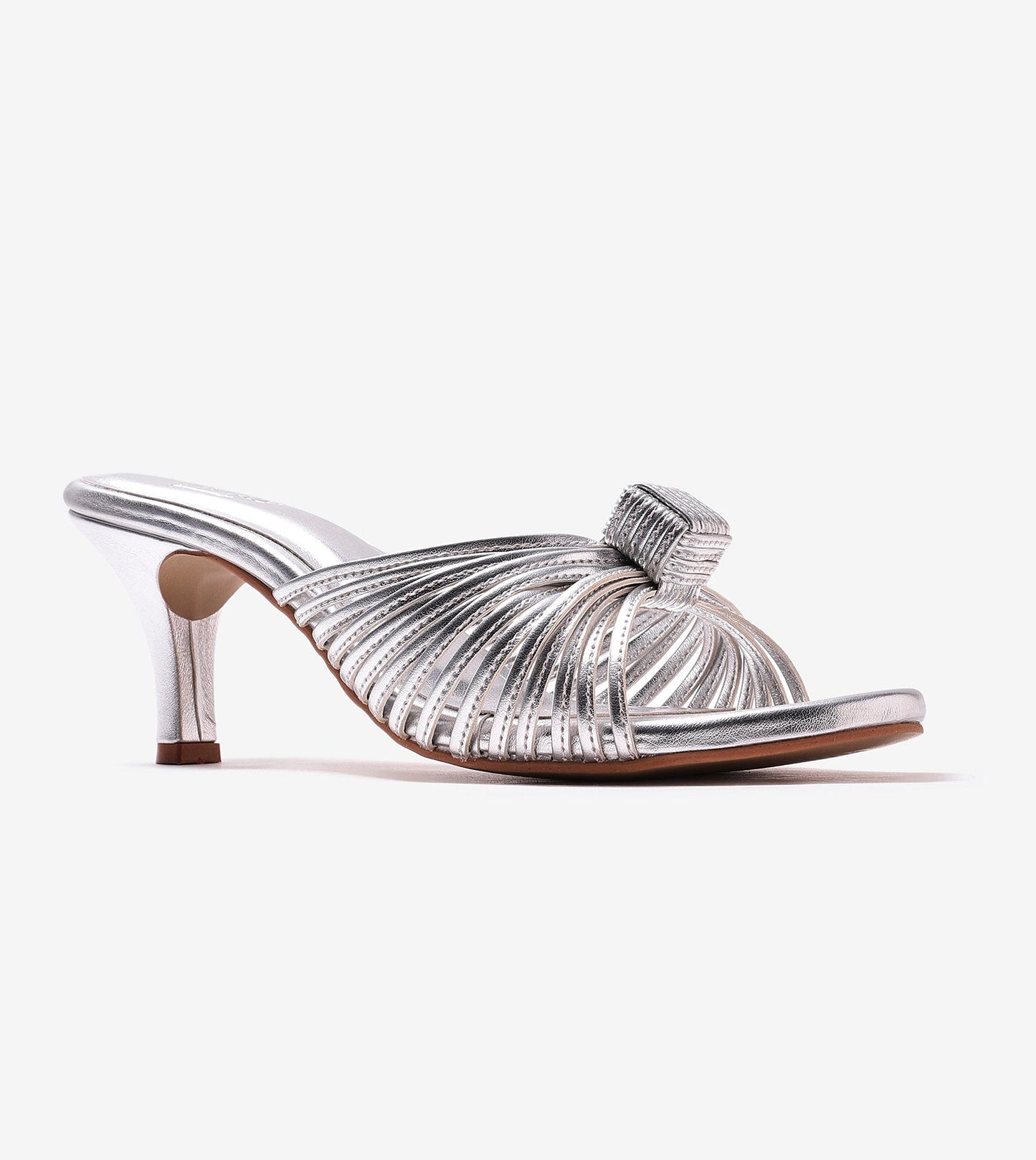 Knotted Strap Stiletto Mule Heels - Silver