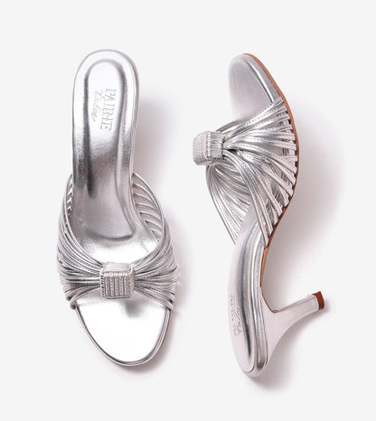 Knotted Strap Stiletto Mule Heels - Silver